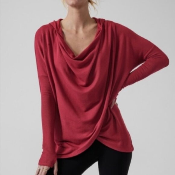 Athleta Decadent Red Purana Wrap Sweatshirt Cardigan Hoodie Soft Stretch Yoga Lg - Picture 1 of 13